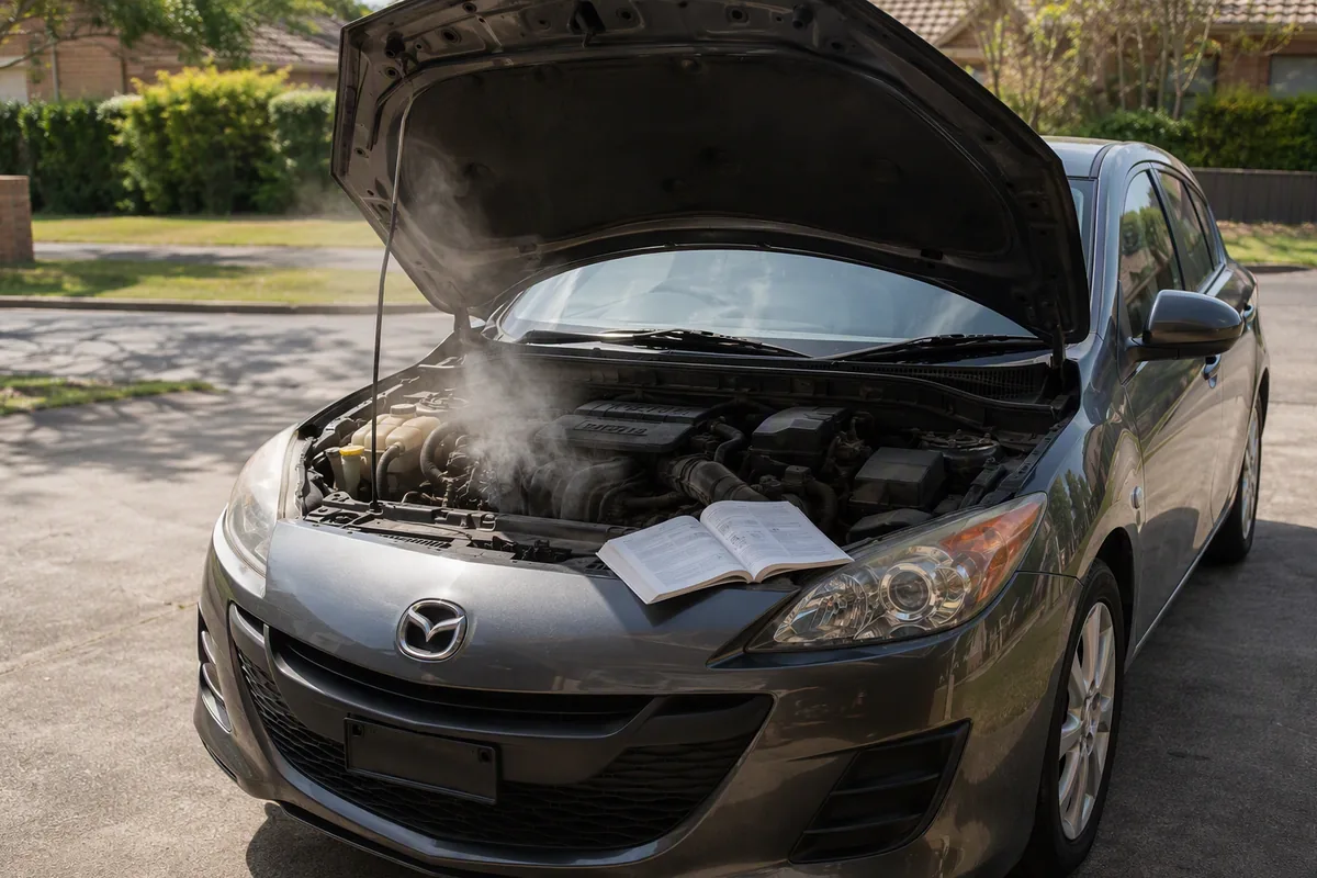 Mechanic inspecting the open engine bay of a car with mechanical problems