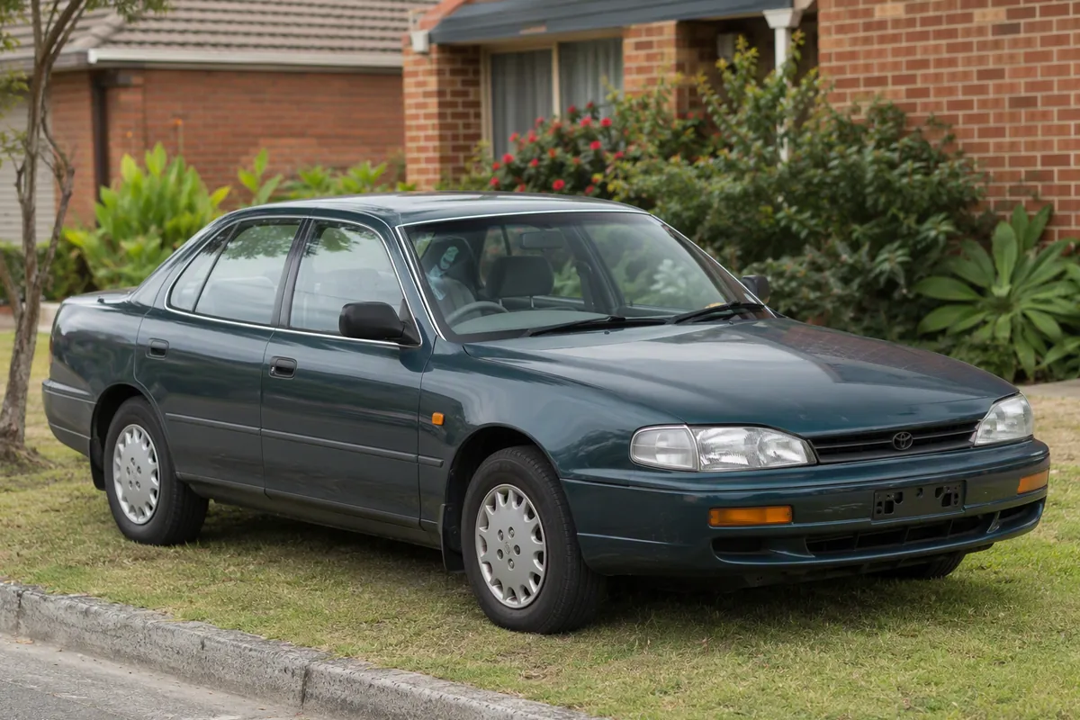 Older Toyota Camry sedan parked on a Sydney nature strip