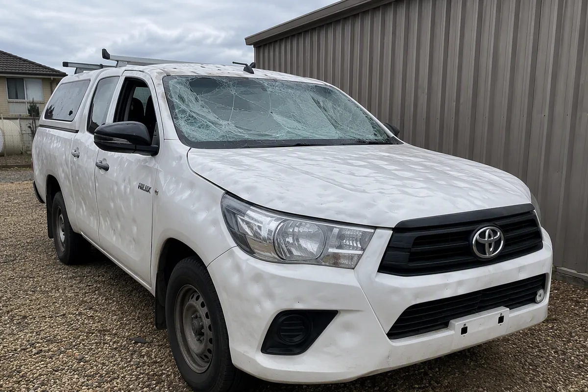 Written-off ute with hail damage parked beside a shed in NSW