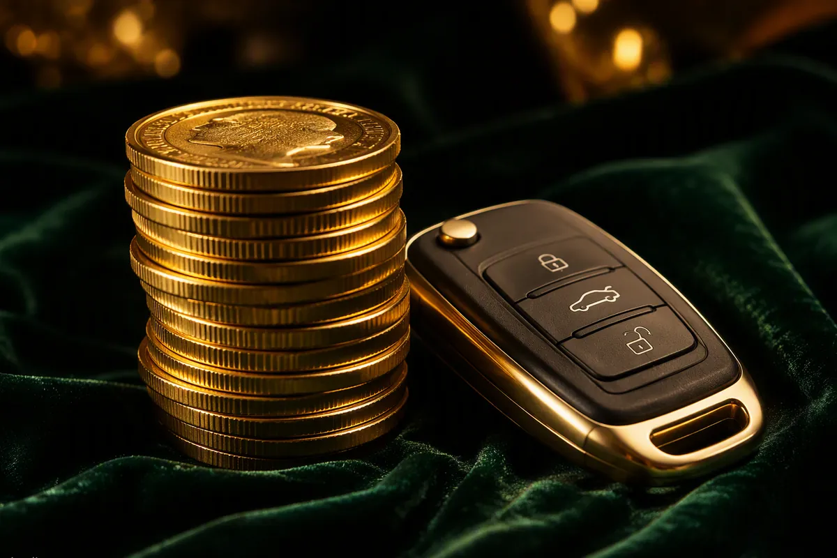 Stack of gold coins beside a modern car key on a deep forest-green surface