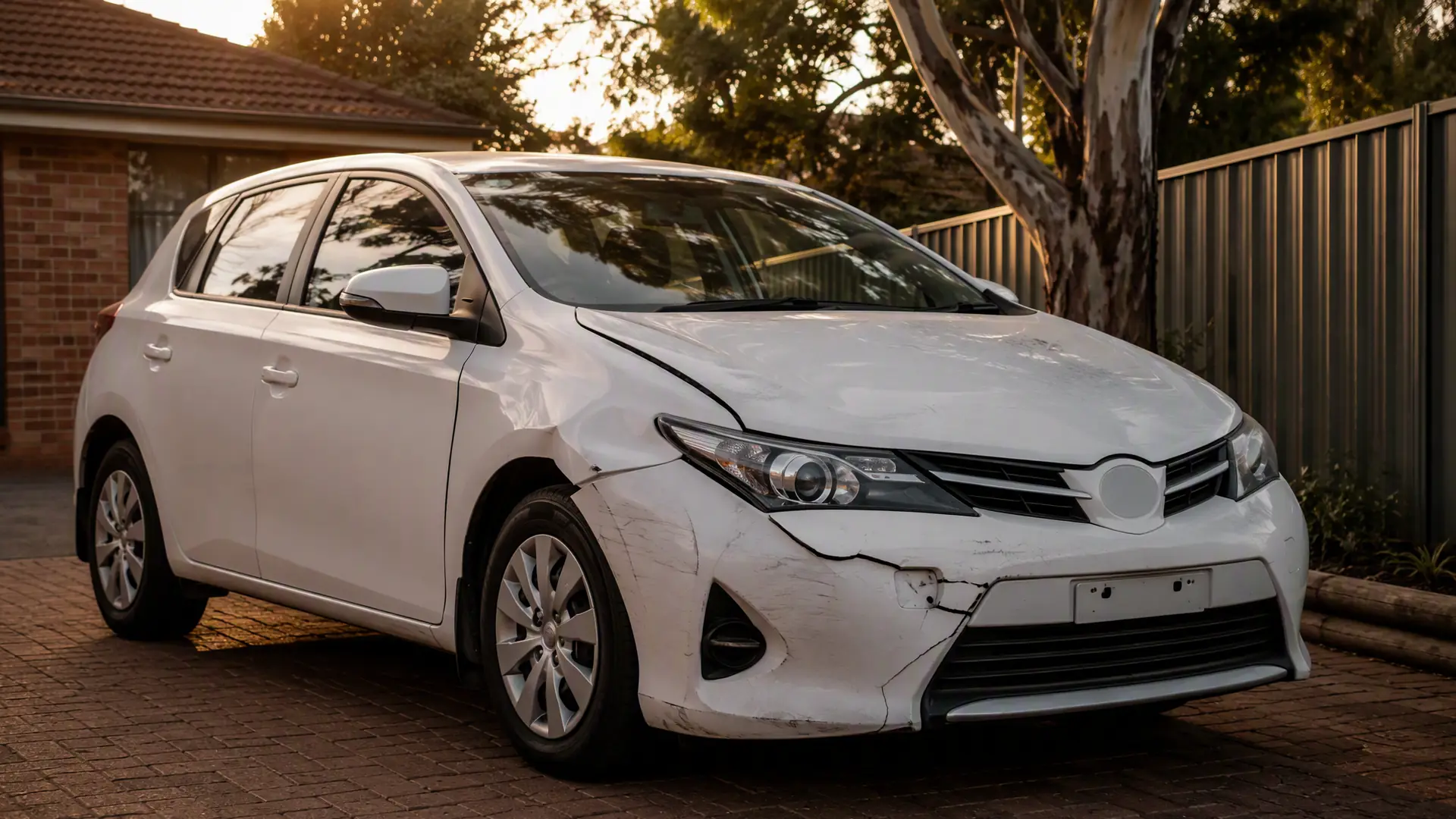 Battered white Toyota Corolla hatch with a cracked bumper