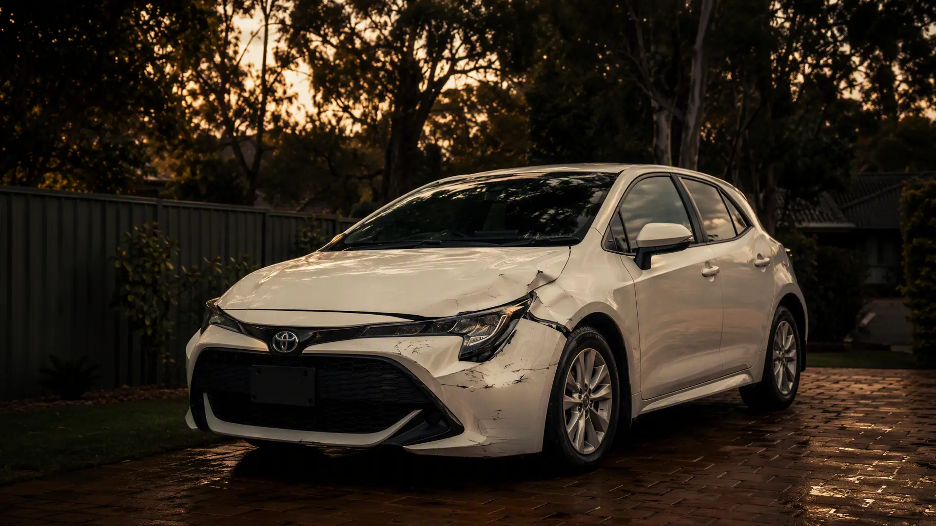 Damaged white Toyota Corolla on a Western Sydney driveway at dusk, golden porch light on the panels
