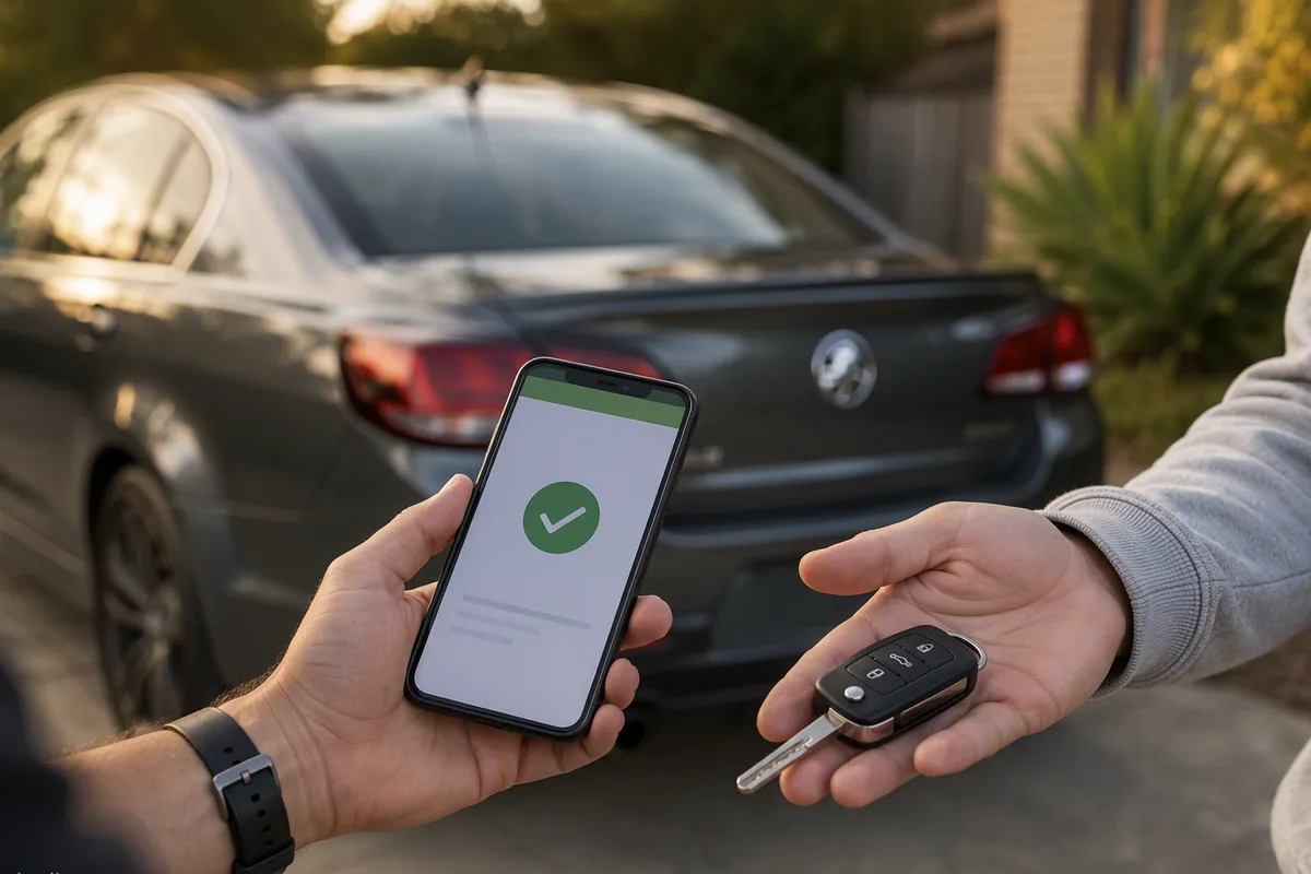 Seller receiving an instant bank transfer on a phone while handing over car keys at pickup