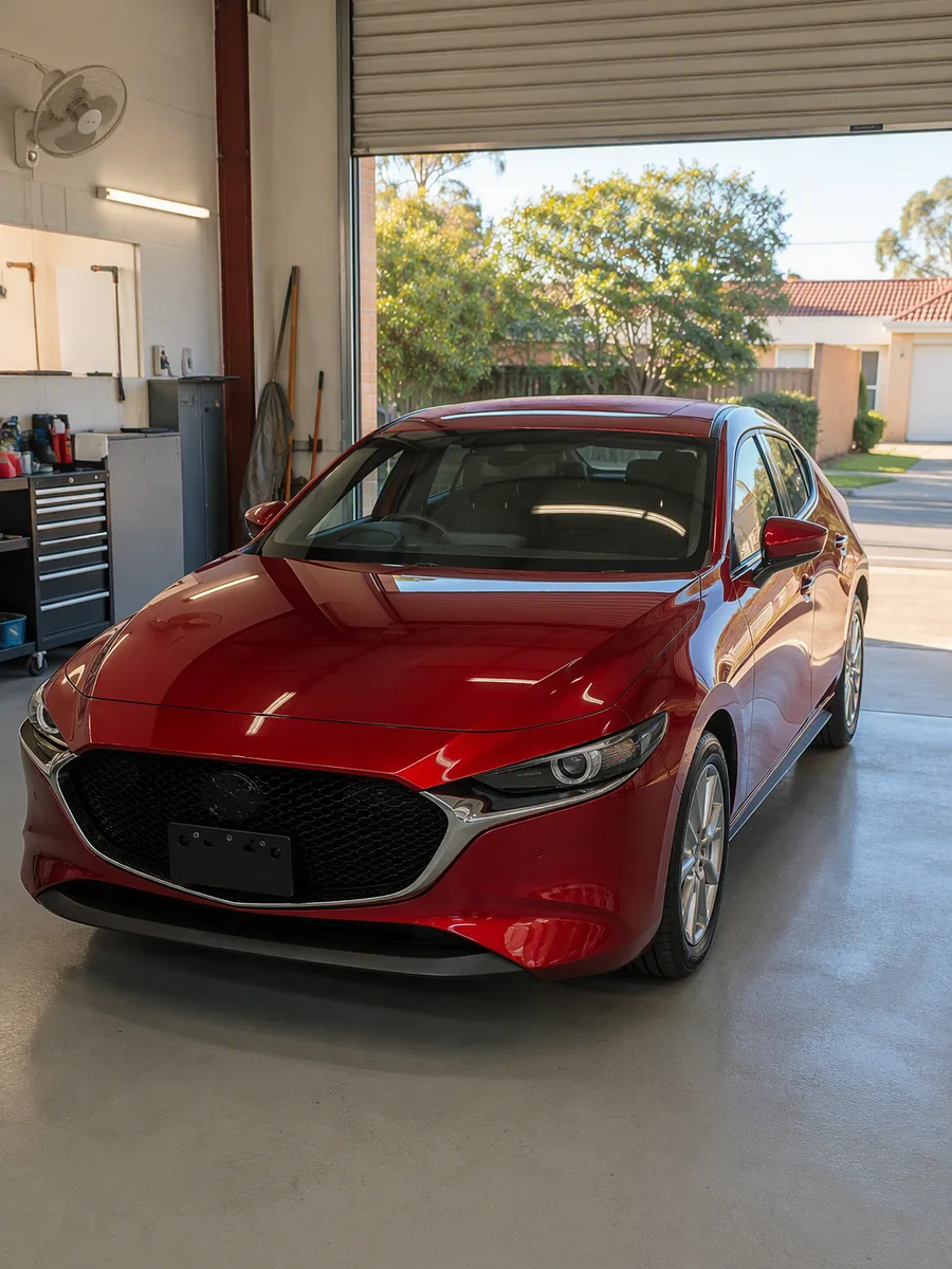 Red Mazda 3 hatchback inspected inside our workshop garage