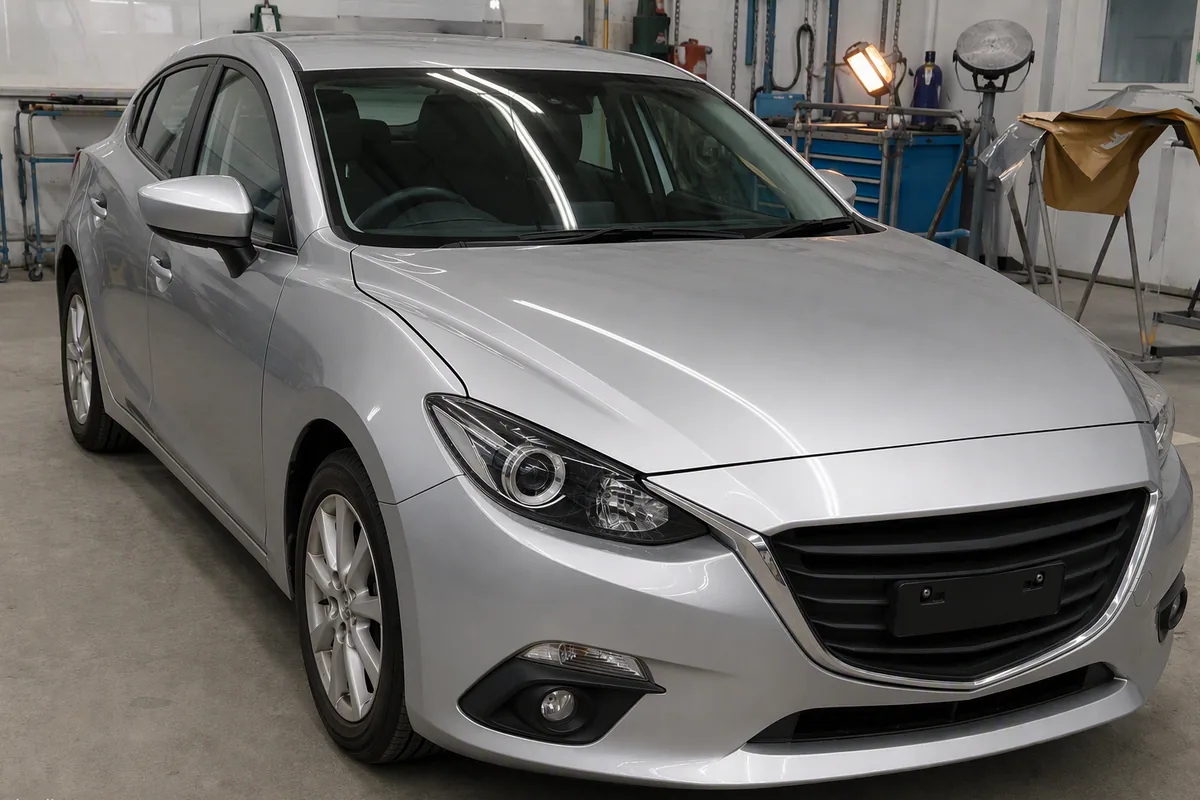 The same car restored in the Salvage Experts workshop. Glossy paint and new headlight
