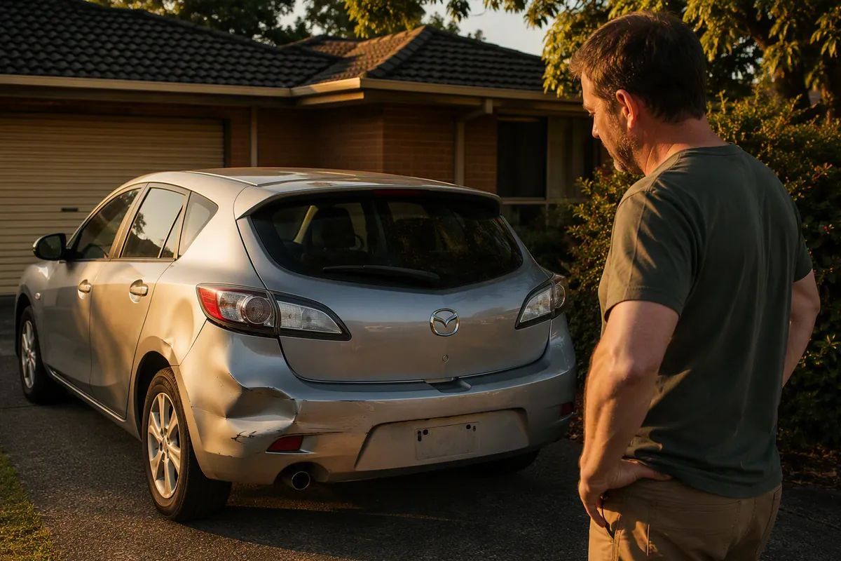 Car owner beside their dented Mazda 3 hatch in a suburban driveway, weighing up the sale