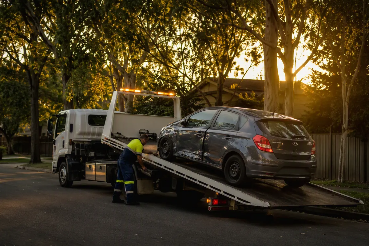 Tilt-tray truck loading the car