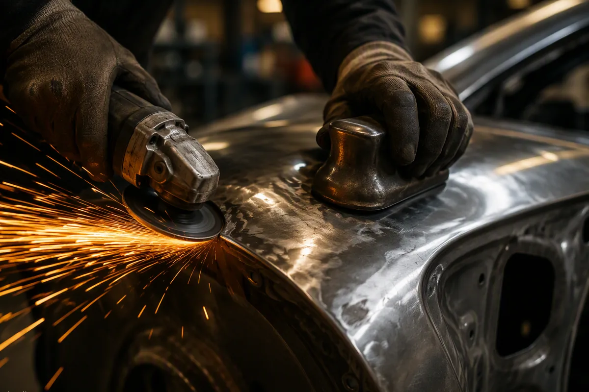 Gloved hands panel-beating a door skin, amber sparks flying in the Salvage Experts workshop